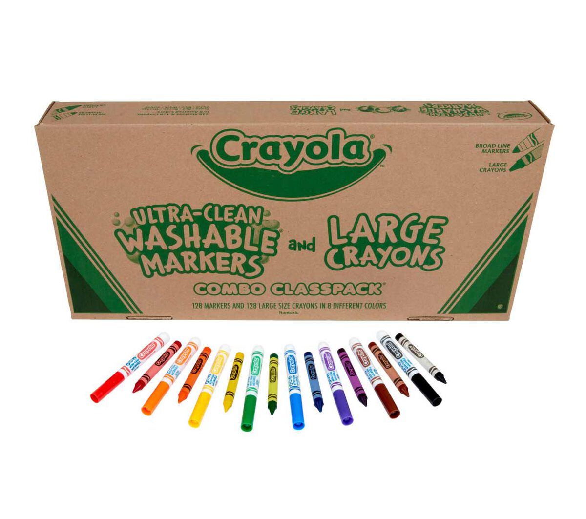 Large Crayons &amp; Ultra-Clean Washable Markers Classpack 128 Count 8 Colors