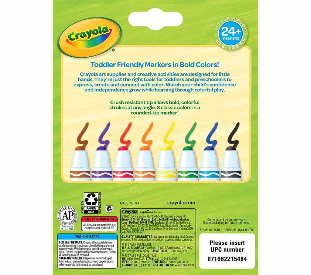 Crush Resistant Washable Toddler Markers 8 Count